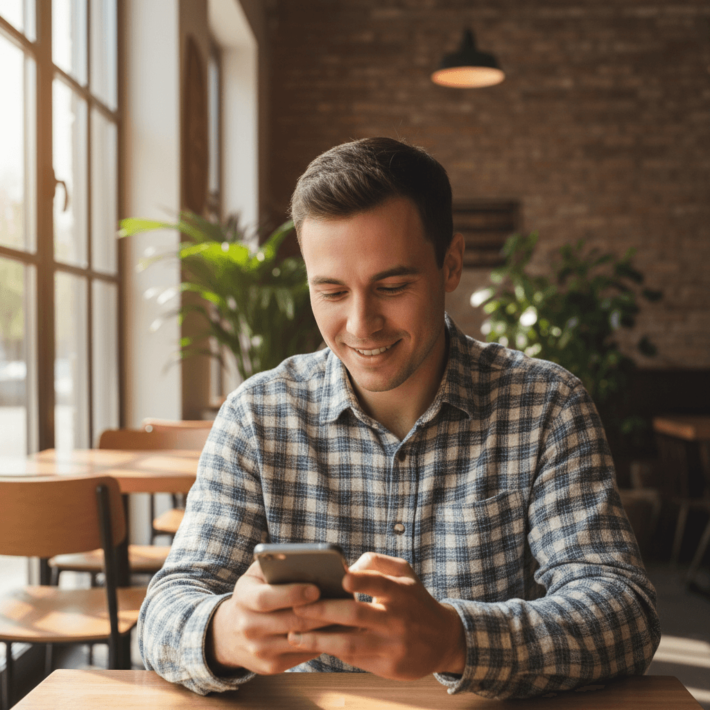 A person smiling at their phone in a bright Milwaukee coffee shop