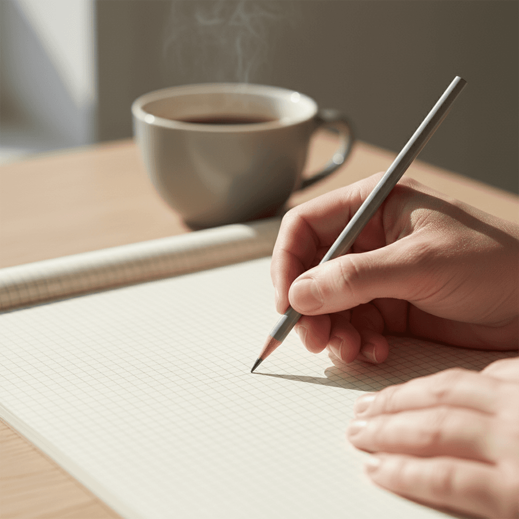 A designer sketching wireframes on paper in natural daylight