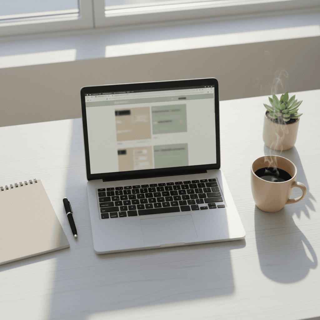 A warm documentary style overhead shot of an open laptop showing a partially completed website on a clean white desk