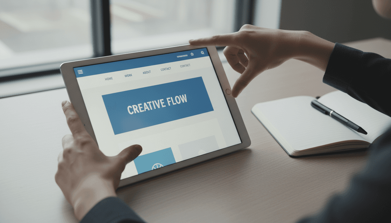 Designer's hands holding a tablet showing a clean website layout on a wooden desk