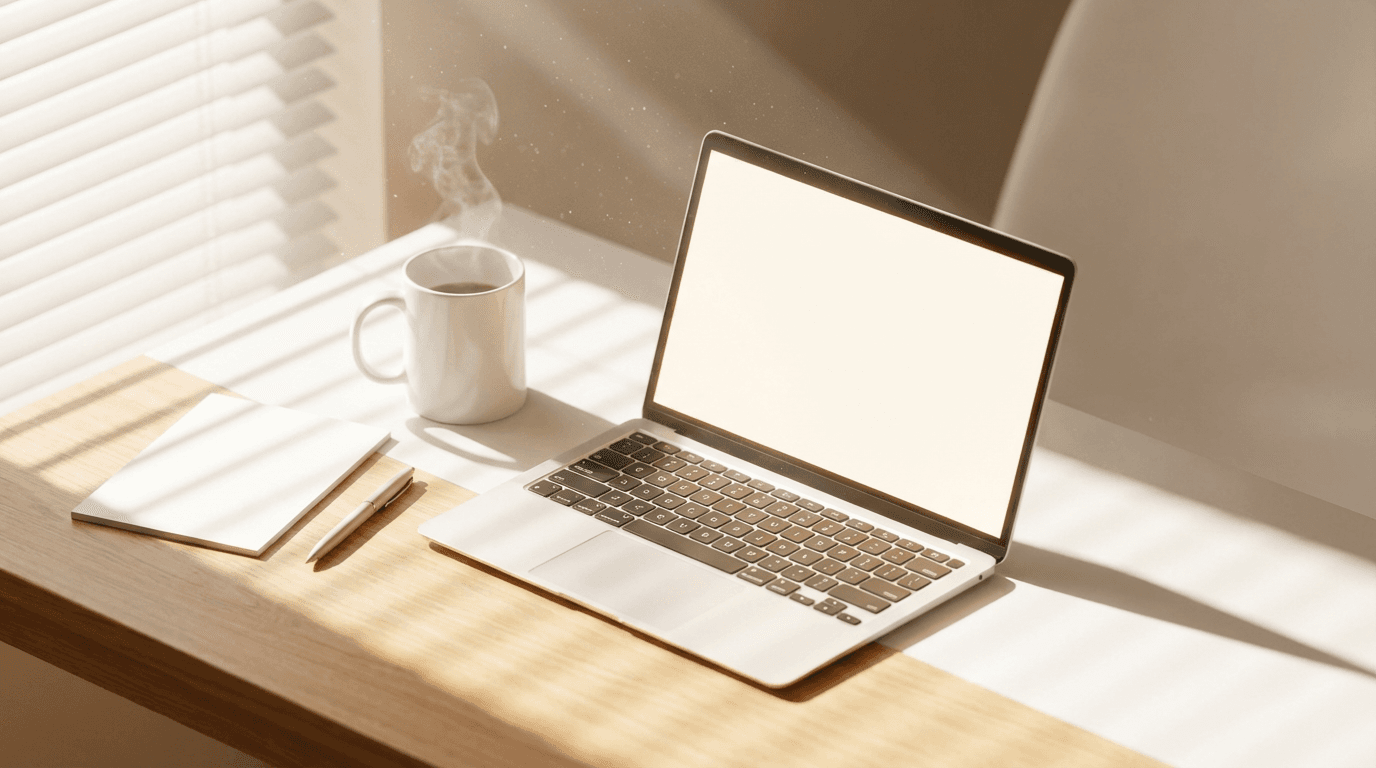 Designer's desk with wireframes, laptop, and coffee mug in natural morning light
