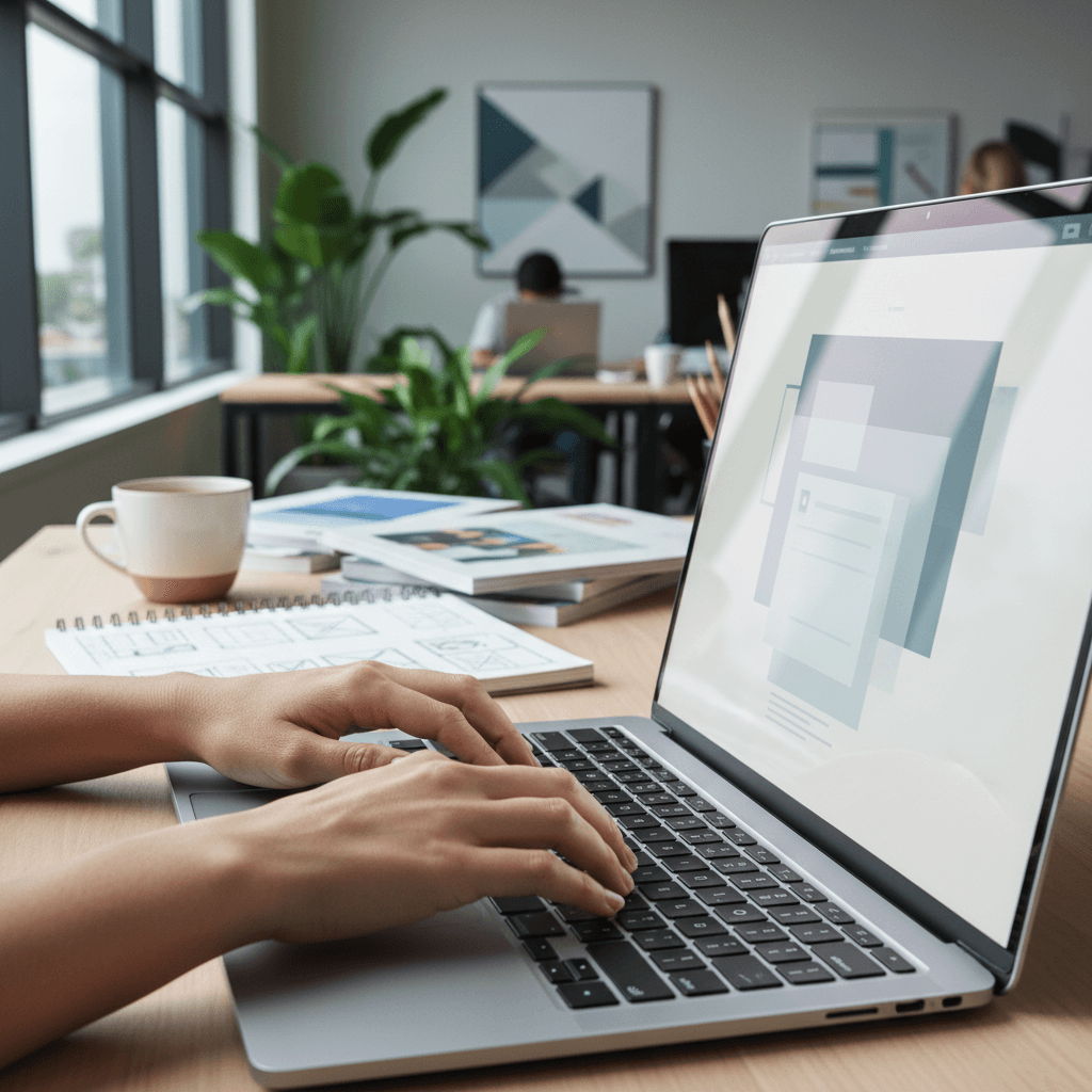 Designer's hands on a laptop keyboard with a website wireframe on the screen